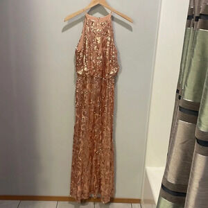 Donna Morgan woman’s rose gold Tiffany gown